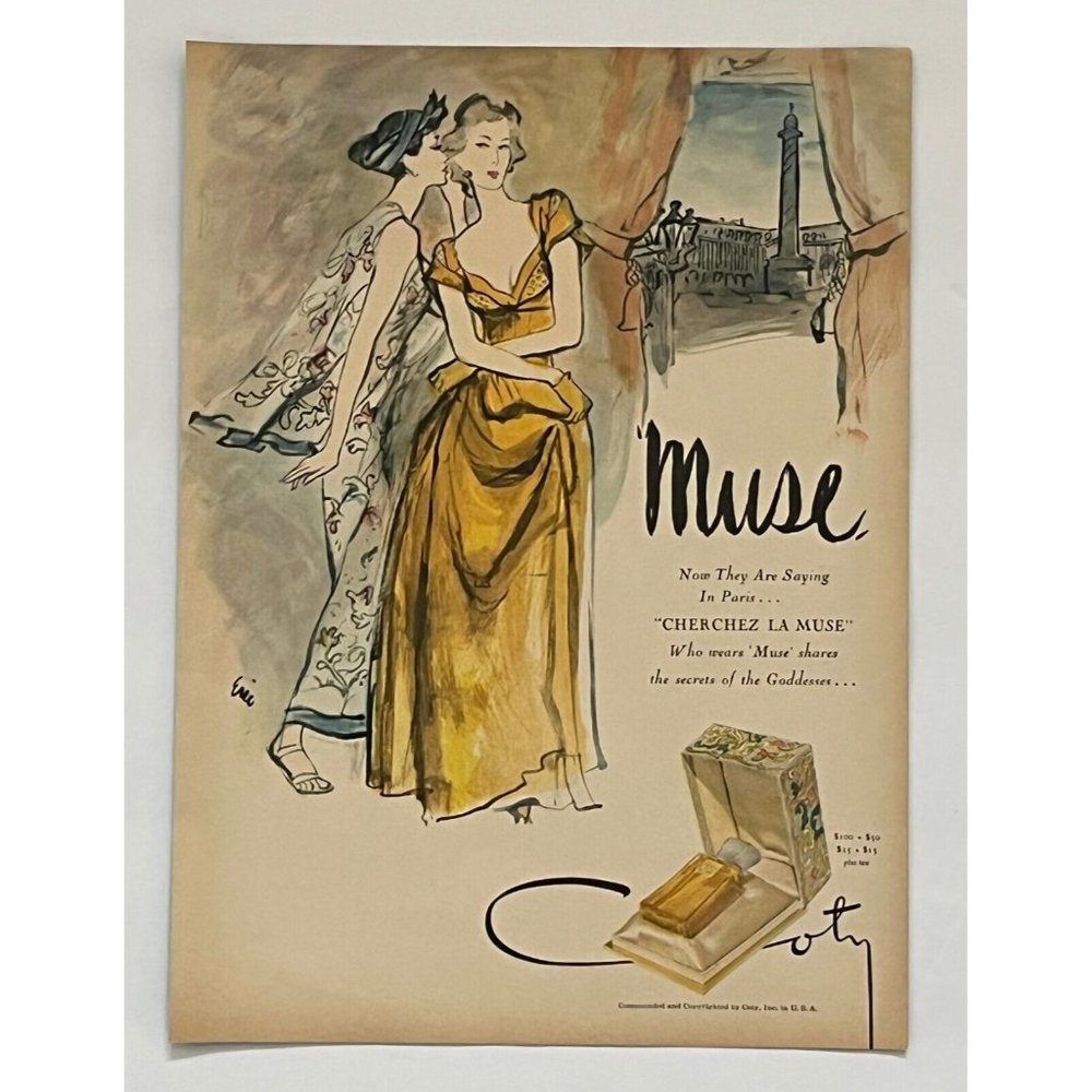 1946 Print Ad Coty Muse Perfume Women Open Window Box & Bottle Carl Erickson Art